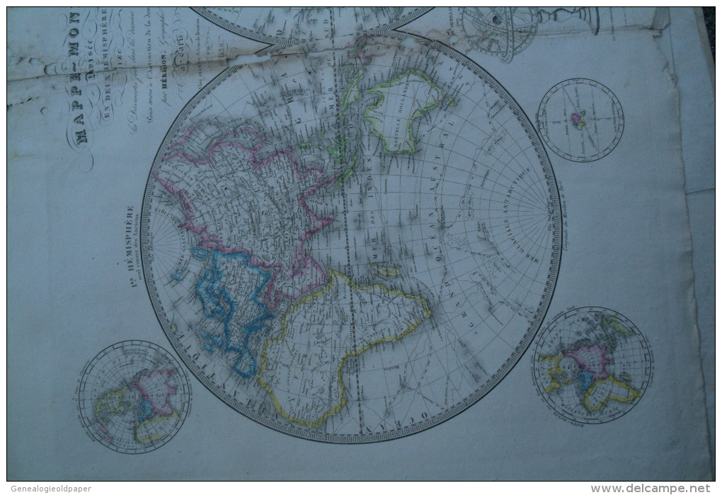 CARTE GEOGRAPHIQUE -MAPPEMONDE DIVISEE EN 2 HEMISPHERES PAR HERISSON -GEOGRAPHE 1839- AVEC DECOUVERTES - Geographical Maps
