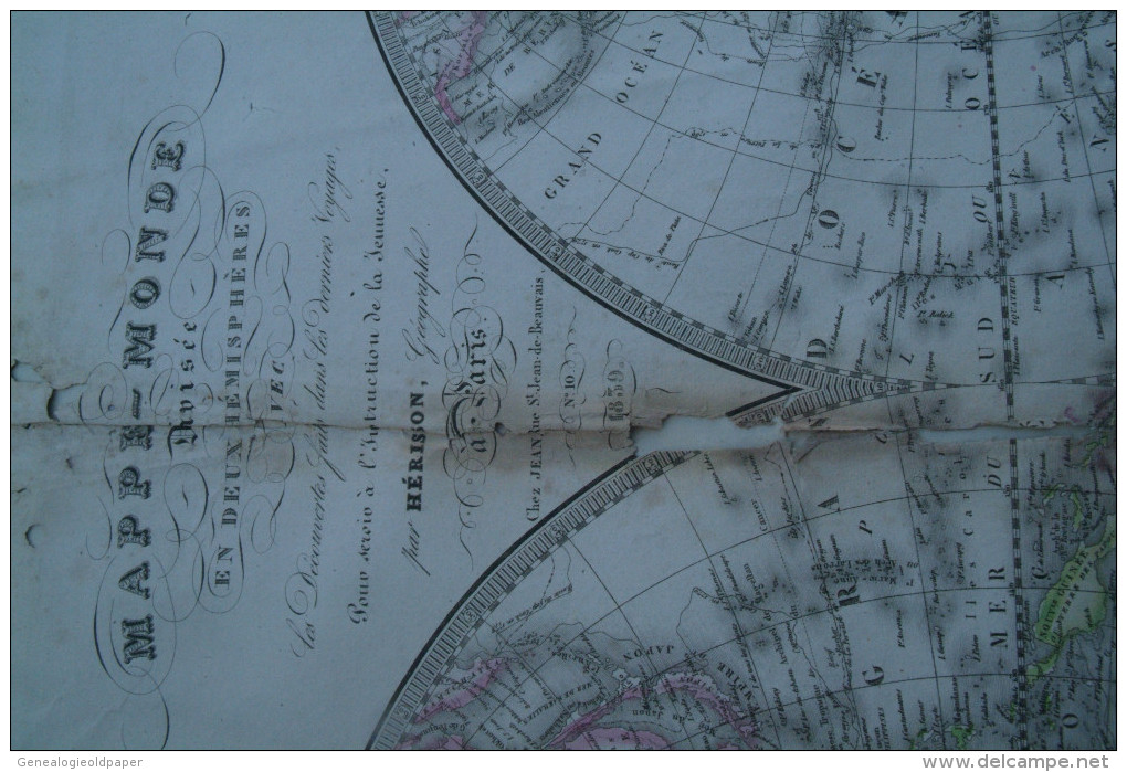 CARTE GEOGRAPHIQUE -MAPPEMONDE DIVISEE EN 2 HEMISPHERES PAR HERISSON -GEOGRAPHE 1839- AVEC DECOUVERTES - Landkarten