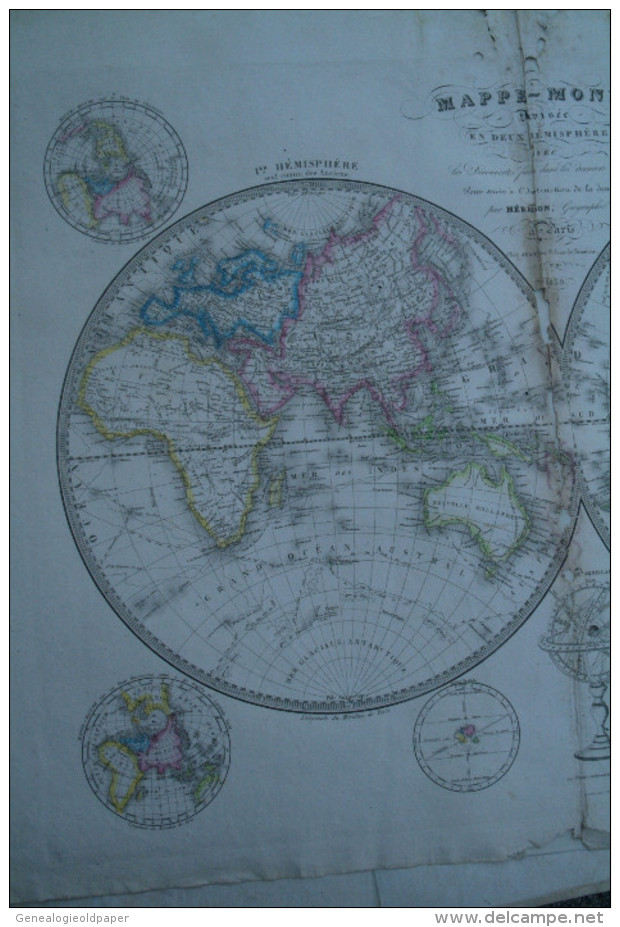 CARTE GEOGRAPHIQUE -MAPPEMONDE DIVISEE EN 2 HEMISPHERES PAR HERISSON -GEOGRAPHE 1839- AVEC DECOUVERTES - Geographical Maps