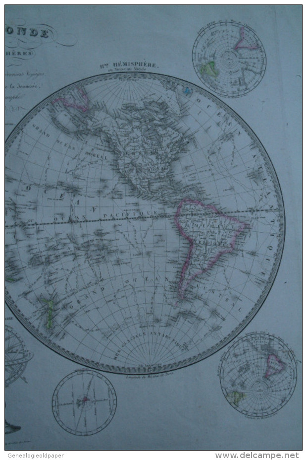 CARTE GEOGRAPHIQUE -MAPPEMONDE DIVISEE EN 2 HEMISPHERES PAR HERISSON -GEOGRAPHE 1839- AVEC DECOUVERTES