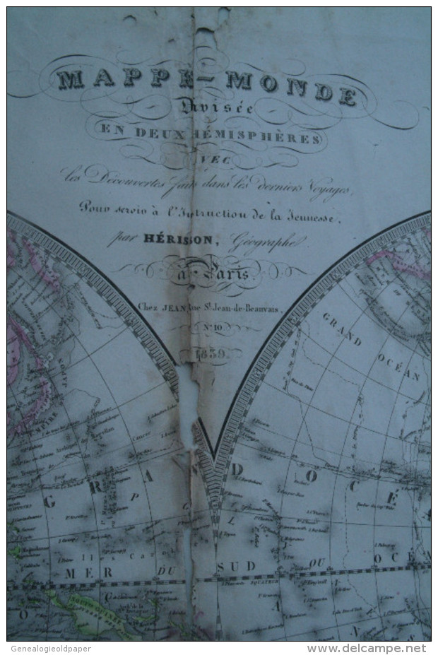 CARTE GEOGRAPHIQUE -MAPPEMONDE DIVISEE EN 2 HEMISPHERES PAR HERISSON -GEOGRAPHE 1839- AVEC DECOUVERTES