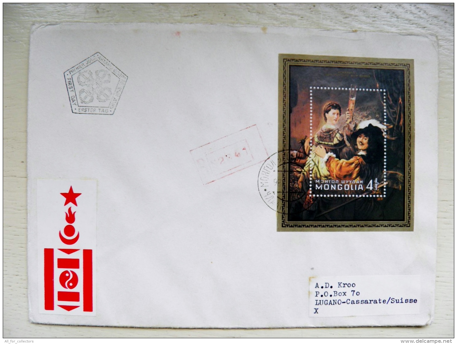 Cover From Mongolia To Suisse 1982 Fdc Special Cancel Registered M/s Art Painting Rembrandt Self Portrait With Saskia - Mongolia