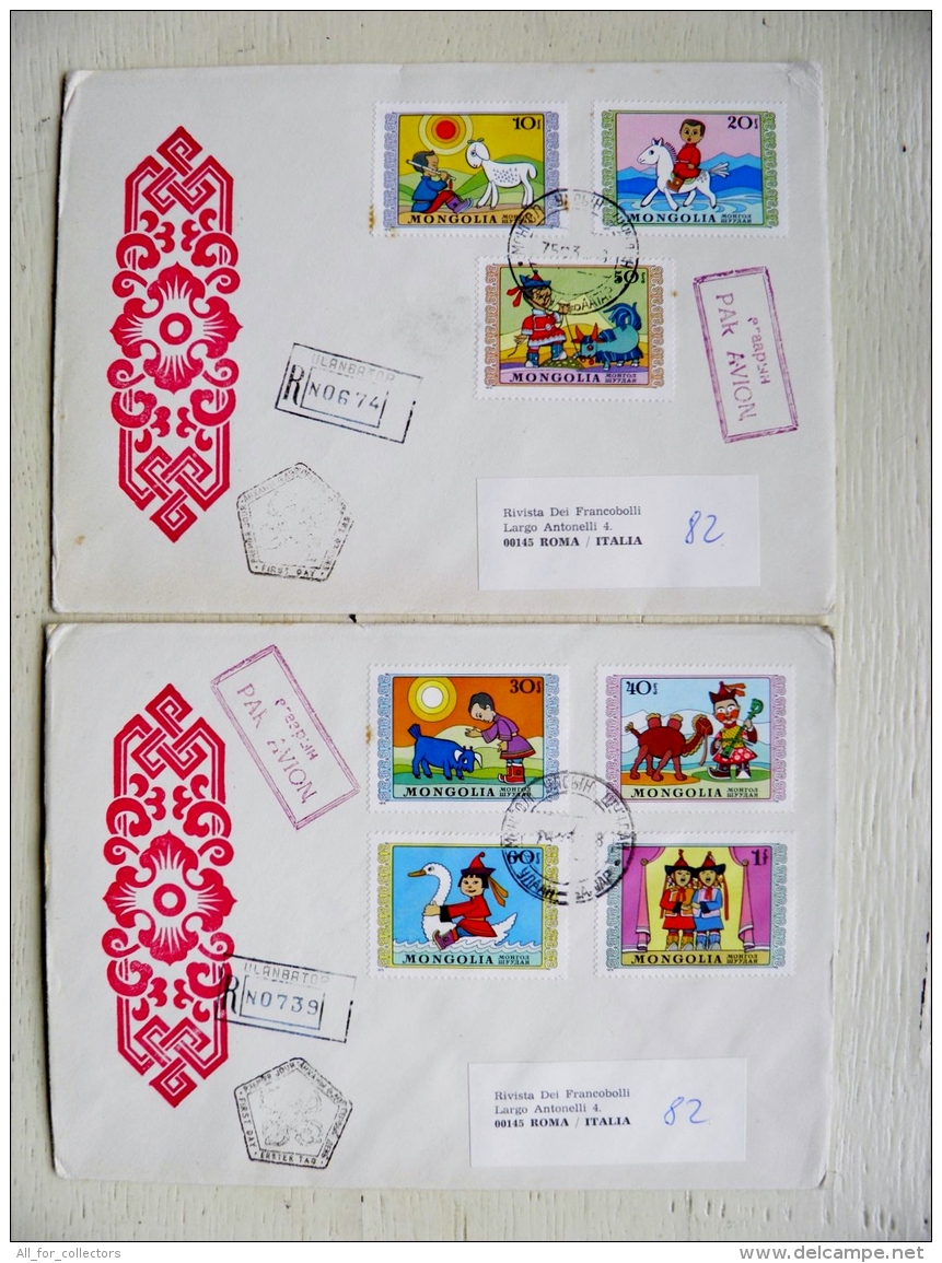 2 Covers From Mongolia To Italy 1975 Fdc Special Cancel Registered Animation Cartoon Children Animals - Mongolia