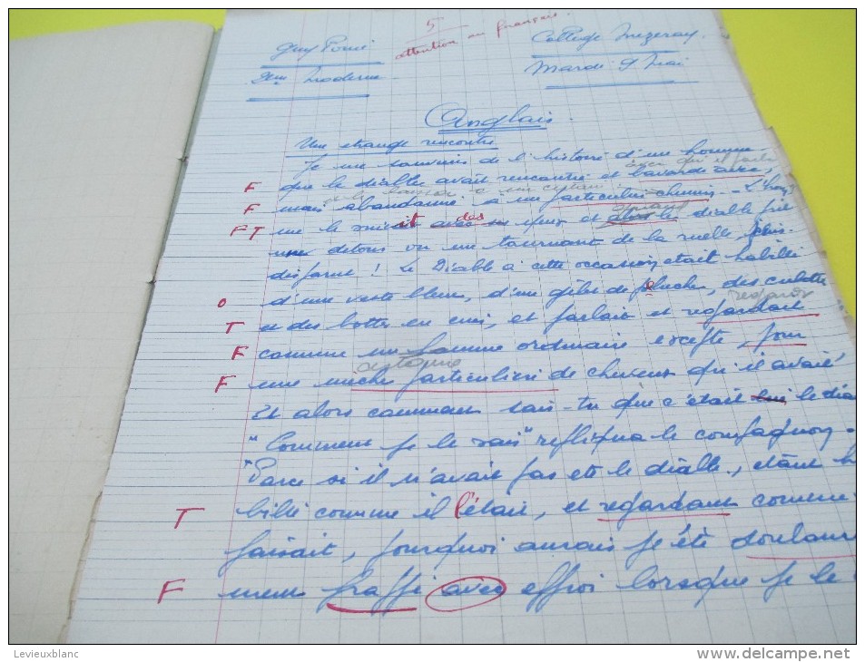 Cahier scolaire d´Anglais  totalement utilisé/Guy Ponée / Collége Mézeray/+ 5 copies de devoirs insérées1942-1943 CAH113