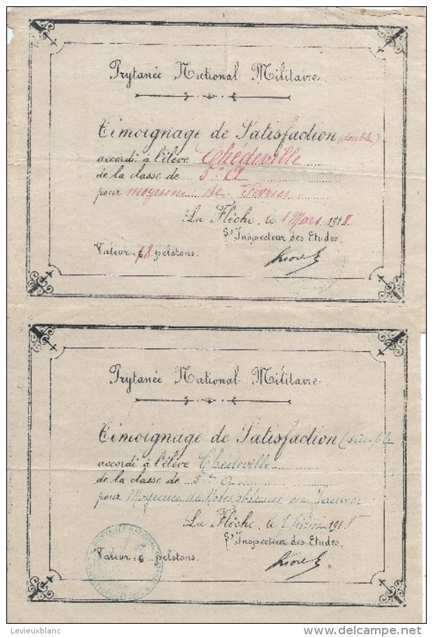 Prytanée National Militaire/ 2 Témoignages De Satisfaction/ Chédeville/ La Flêche/1918    CAH114 - Diplômes & Bulletins Scolaires