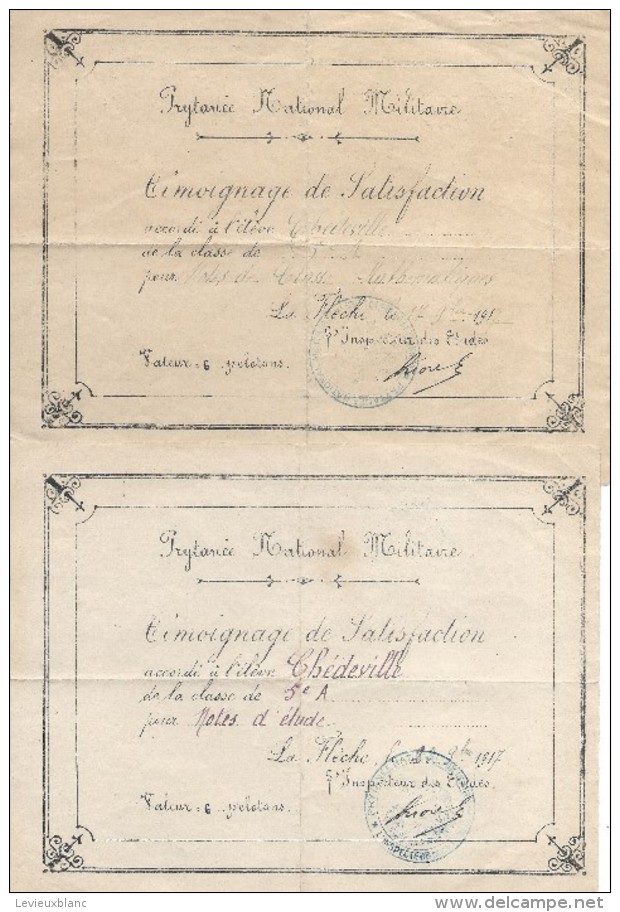 Prytanée National Militaire/ 2 Témoignages De Satisfaction/ Chédeville/ La Flêche/1917    CAH115 - Diplômes & Bulletins Scolaires