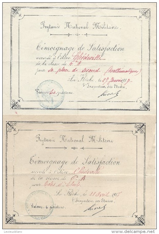 Prytanée National Militaire/ 2 Témoignages De Satisfaction/ Chédeville/ La Flêche/1917    CAH116 - Diploma & School Reports