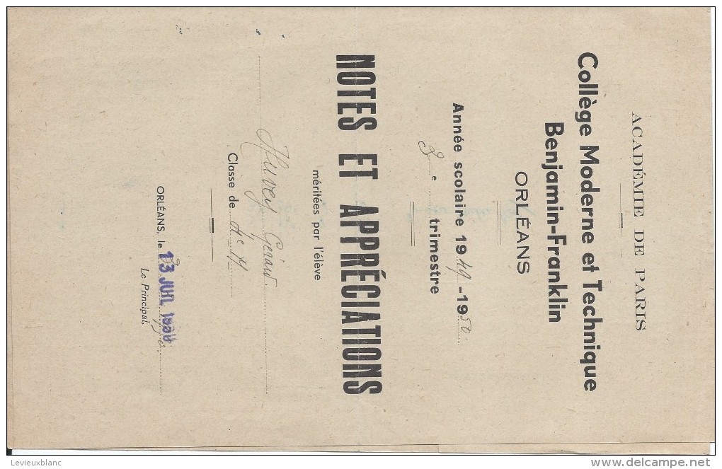 Académie De Paris /Notes Et Appréciations/Collége Moderne Et Technique Benjamin-Franklin/ORLEANS/Huvey/1949-1950 CAH122 - Diplômes & Bulletins Scolaires