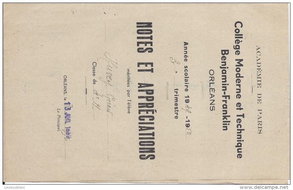 Académie De Paris /Notes Et Appréciations/Collége Moderne Et Technique Benjamin-Franklin/ORLEANS/Huvey/1948    CAH123 - Diploma & School Reports
