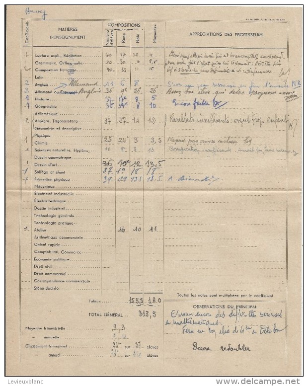 Académie De Paris /Notes Et Appréciations/Collége Moderne Et Technique Benjamin-Franklin/ORLEANS/Huvey/1948    CAH123 - Diplômes & Bulletins Scolaires