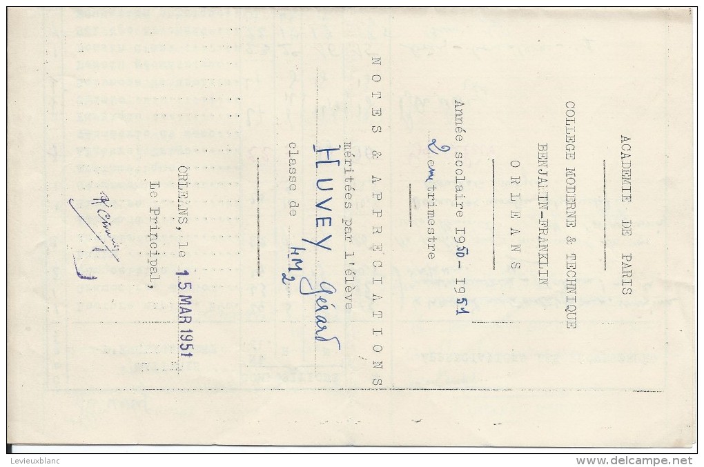 Académie De Paris /Notes Et Appréciations/Collége Moderne Et Technique Benjamin-Franklin/ORLEANS/Huvey/1950-1951  CAH124 - Diploma's En Schoolrapporten