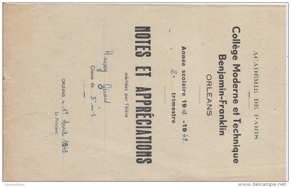 Académie De Paris /Notes Et Appréciations/Collége Moderne Et Technique Benjamin-Franklin/ORLEANS/Huvey/1948-1949  CAH124 - Diploma & School Reports