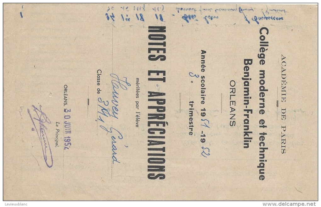 Académie De Paris /Notes Et Appréciations/Collége Moderne Et Technique Benjamin-Franklin/ORLEANS/Huvey/1951-1952  CAH127 - Diplômes & Bulletins Scolaires