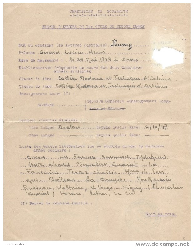 Certificat De Scolarité/Relevé Des Moyennes/Collége Moderne Et Technique Benjamin-Franklin/ORLEANS/Huvey/1952  CAH128 - Diploma & School Reports