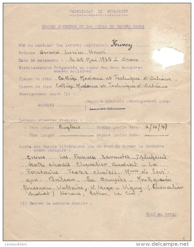 Certificat De Scolarité/Relevé Des Moyennes/Collége Moderne Et Technique Benjamin-Franklin/ORLEANS/Huvey/1952  CAH128 - Diplômes & Bulletins Scolaires