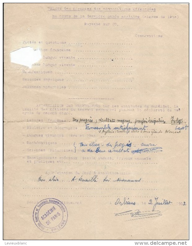 Certificat De Scolarité/Relevé Des Moyennes/Collége Moderne Et Technique Benjamin-Franklin/ORLEANS/Huvey/1952  CAH128 - Diploma's En Schoolrapporten