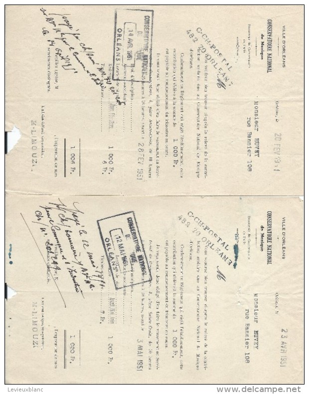 2 Relevés De Contribution Scolaire Au Conservatoire National  De Musique/ORLEANS/Huvey/1951  CAH129 - Diplome Und Schulzeugnisse