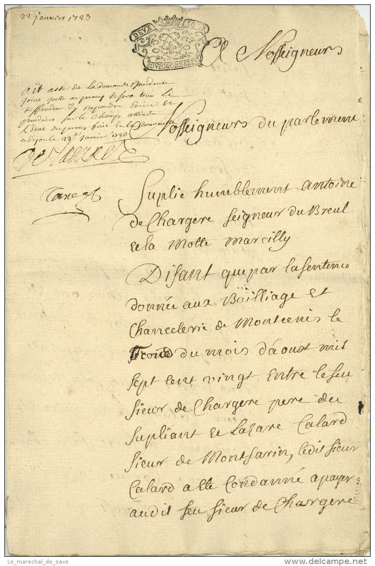 DIJON 1723 - Suppl. Au Parlement D'A. DE CHARGERE DU BREUL - Montcenis - La Motte Marcilly - 8 Pp. - Manuskripte