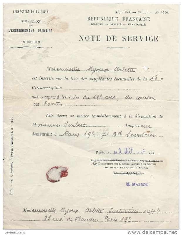 Note De Service/Direction De L'Enseignement Primaire/Seine/Institutrice Suppléante/NYOUX Arlette/1934 CAH133 - Diplômes & Bulletins Scolaires