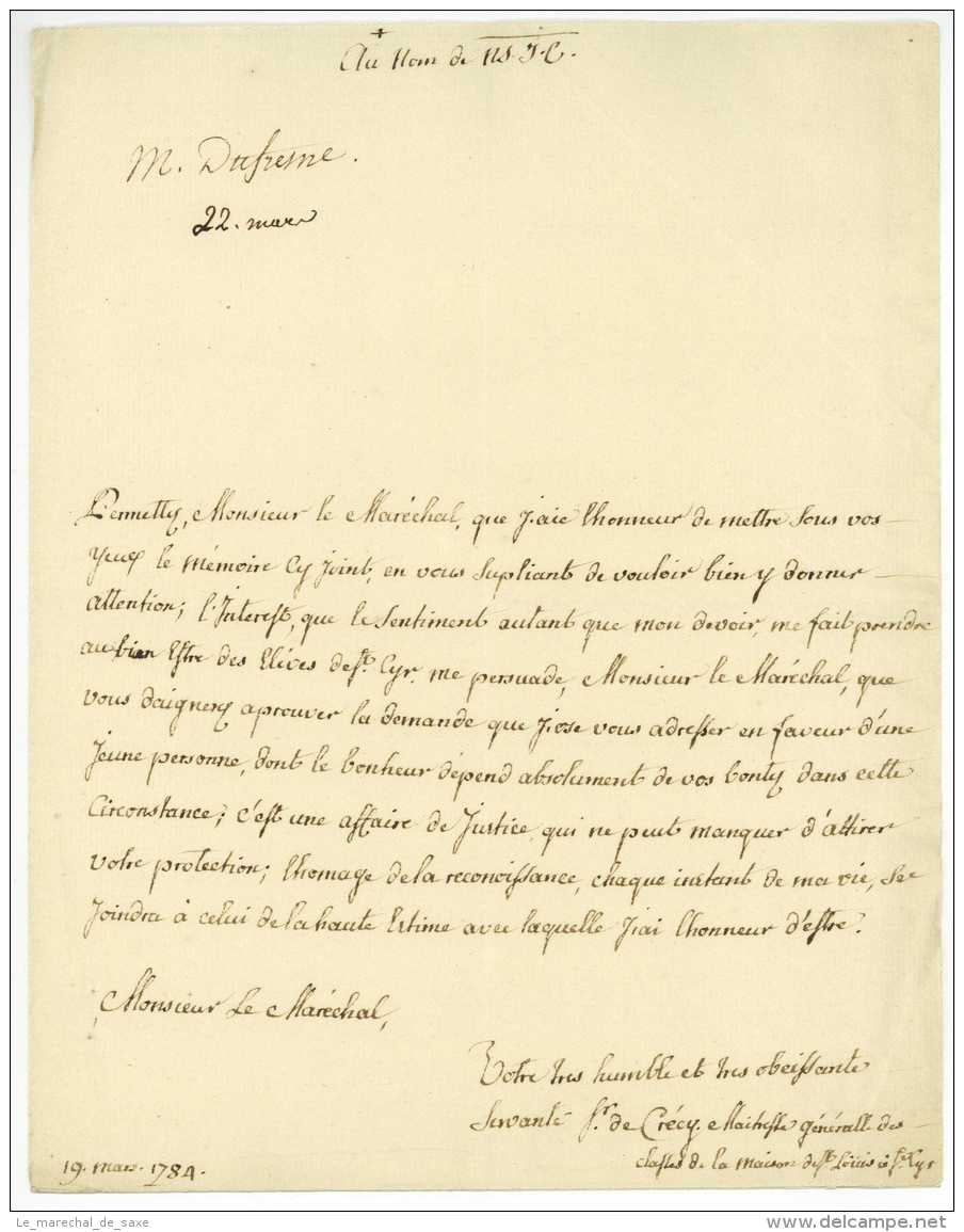 MAISON DE SAINT-LOUIS à SAINT-CYR 1784 &ndash; CRECY, Denise-Henriette De (Besancon 1742 - ?). Religieuse - Documents Historiques