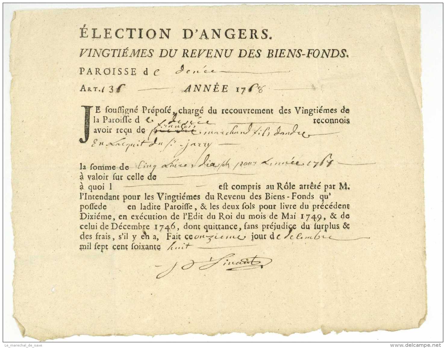 Election D'ANGERS 1768 - Vingtiemes Du Revenu Des Biens Fonds - Paroisse De DENEE - Documents Historiques