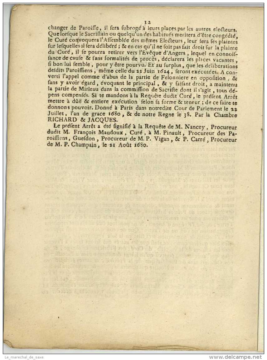 ANGERS Imprime Vers 1680 Eglise Saint-Michel Du Tertre 12 Pp. In-4 - Documents Historiques