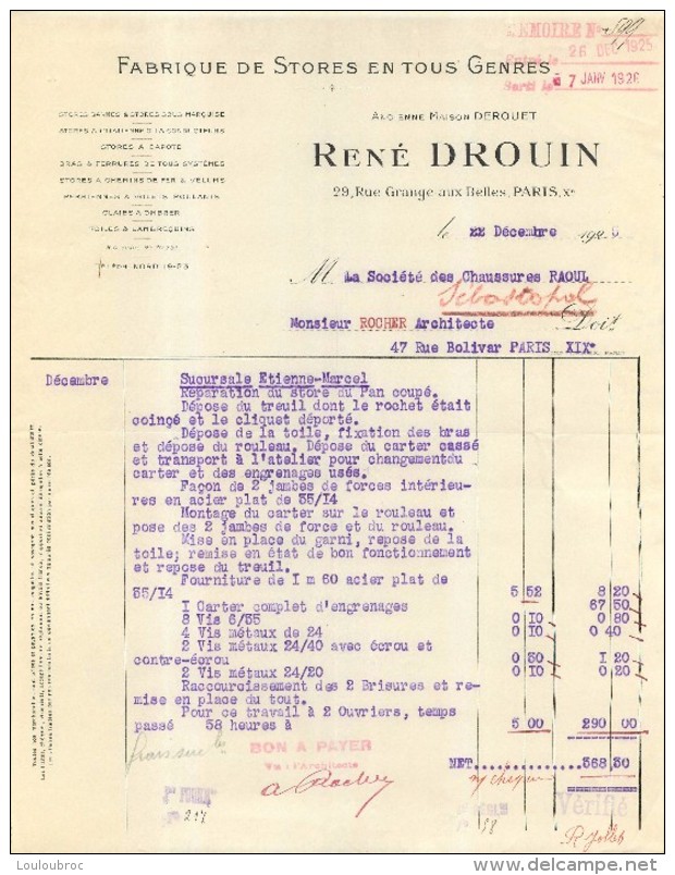 RENE DROUIN FABRIQUE DE STORES 29 RUE GRANGE AUX BELLES PARIS Xe  1925 - 1900 – 1949