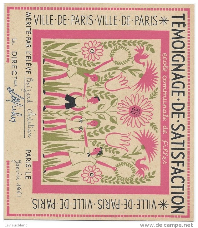 1"Témoignage De Satisfaction"/Ville DeParis/Ecole Communale De Garçons/Mérité Par L´Eléve BOIZARD/1961    CAH149 - Diplome Und Schulzeugnisse