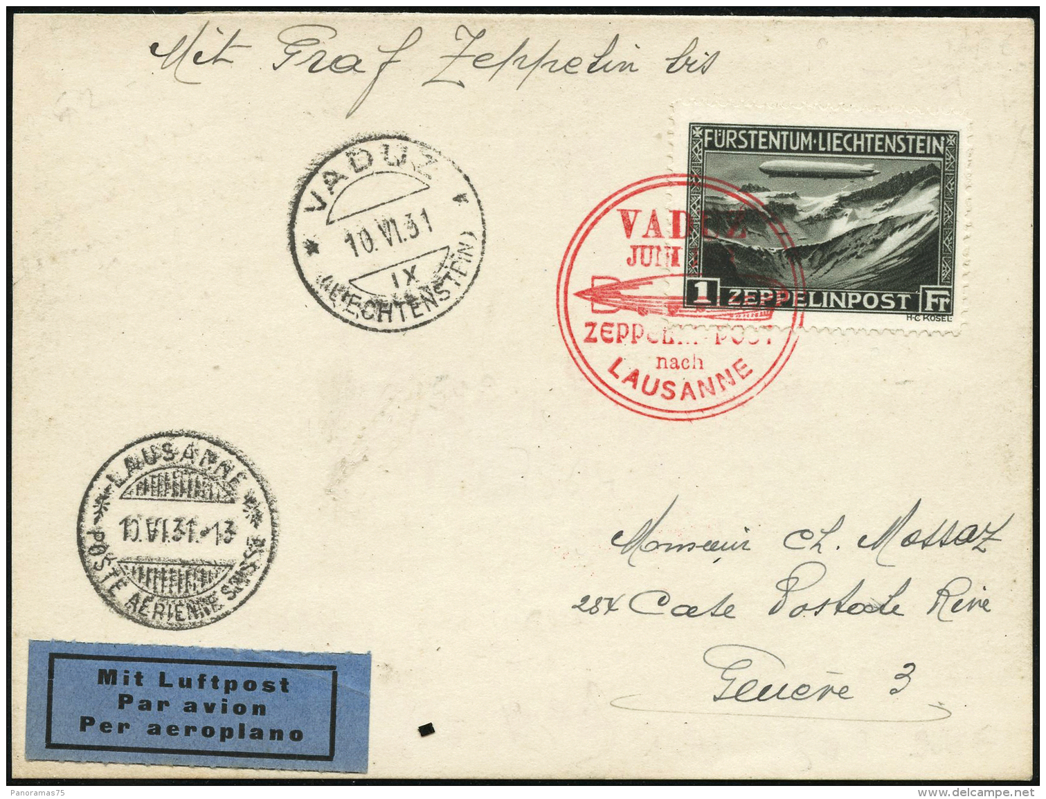 N°7 1F Noir-olive /Zeppelin Adressé à Genève 10/6/31 - TB - Luchtpostzegels