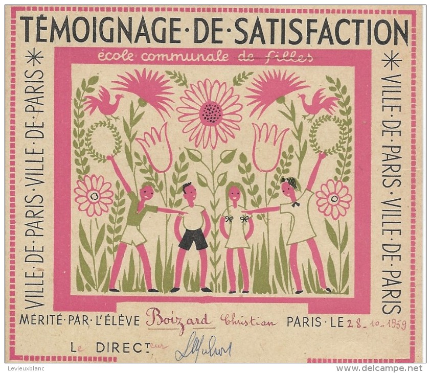 1"Témoignage De Satisfaction"/Ville DeParis/Ecole Communale De Garçons/Mérité Par L´Eléve BOIZARD/1959    CAH152 - Diplômes & Bulletins Scolaires