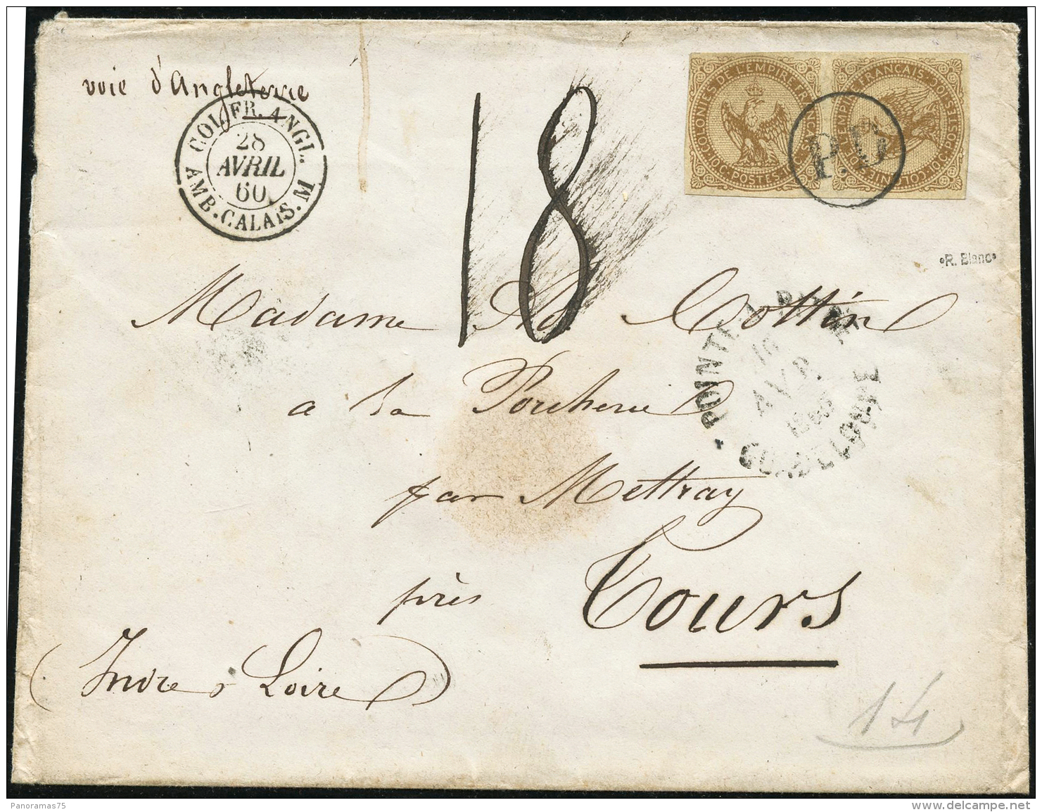 N°3a 10c Bistre Jaune, Paire Dont Timbre Couché S/lettre De Pointe-a-Pitre Pour Tours Par Voie Anglaise, Taxe - Andere & Zonder Classificatie