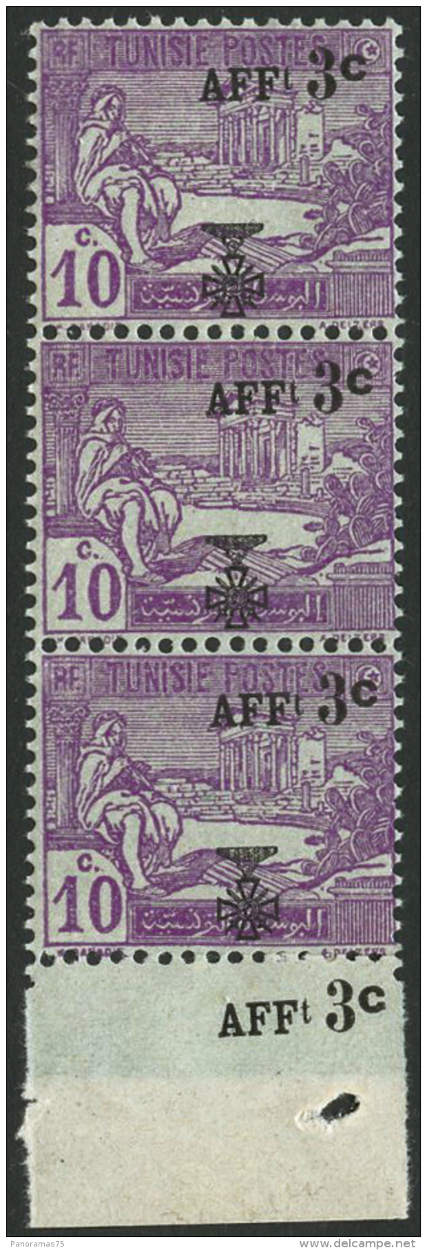 N°83 3c Sur 10c Violet, Bande De 3 Dont Une Surcharge Sur Le Bord De Feuile Inférieur - TB - Autres & Non Classés