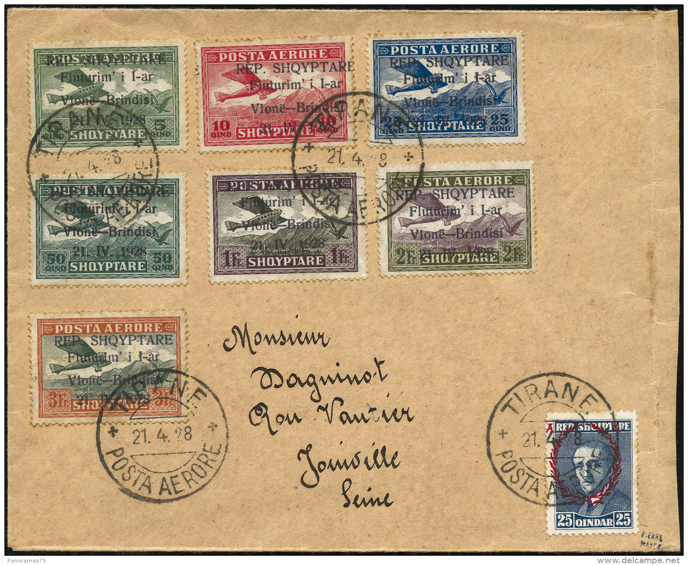 N°15/21 Les 7 Val Obl Tirane 21/4/38 Pour La France, Cachet D'arrivée Au Verso - TB - Albanie