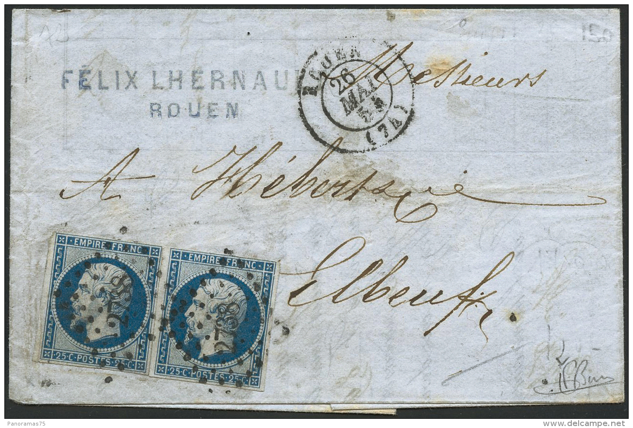 N°15 25c Bleu, 2ex S/lettre De Rouen Pour Elbeuf, Cachet D'arrivée Au Verso 27/5/54 - B - Autres & Non Classés