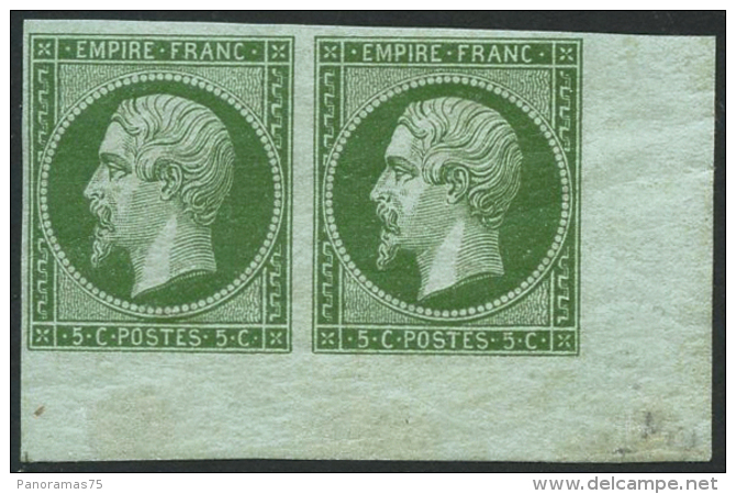 N°12 5c Vert, Paire Coin De Feuille, Certif JF Brun - TB - Autres & Non Classés