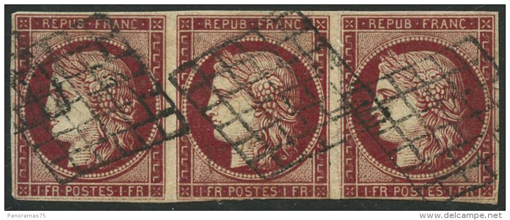 N°6 1F Carmin Foncé, Bande De 3 Défauts - B - 1849-1850 Cérès