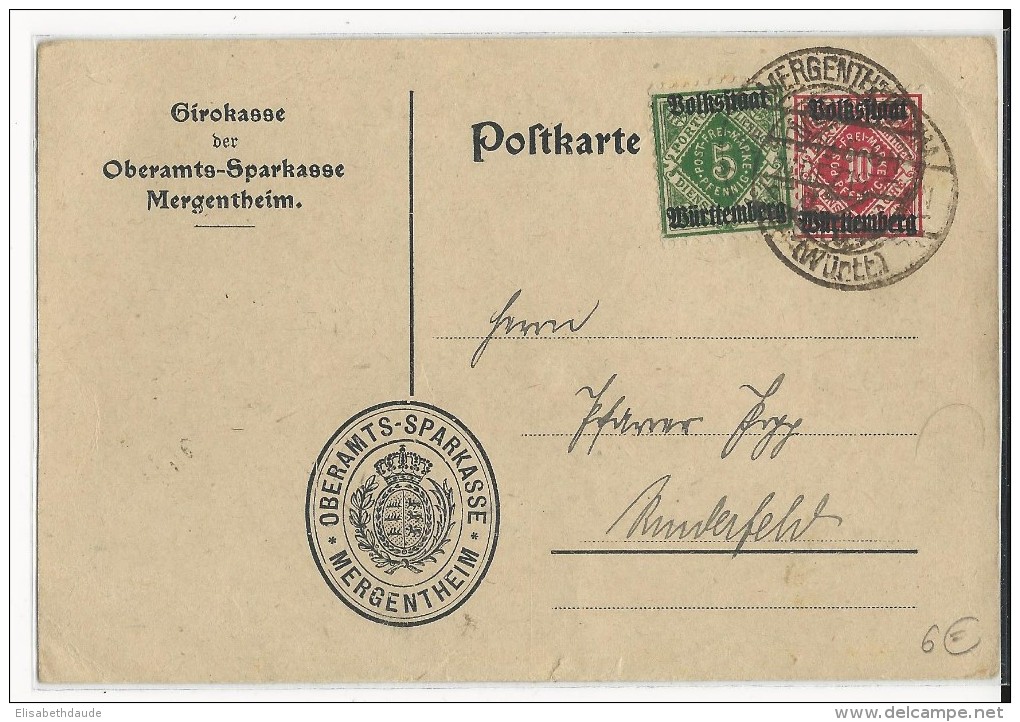 WÜRTTEMBERG - 1919 - CARTE De SERVICE De La CAISSE D´EPARGNE De MERGENTHEIM - BANQUE - Sonstige & Ohne Zuordnung