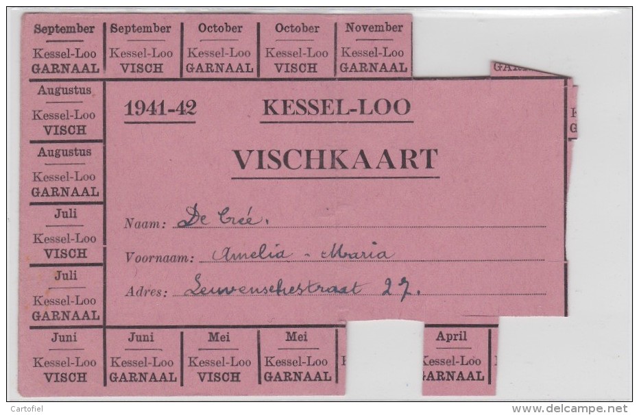 KESSEL-LO-OORLOG-1941-1942-VISCHKAART-RANTSOENERINGSBONNEN-ORIGINEEL DOCUMENT-POSTKAARTFORMAAT-ZIE 2 SCANS ! ! ! - Leuven