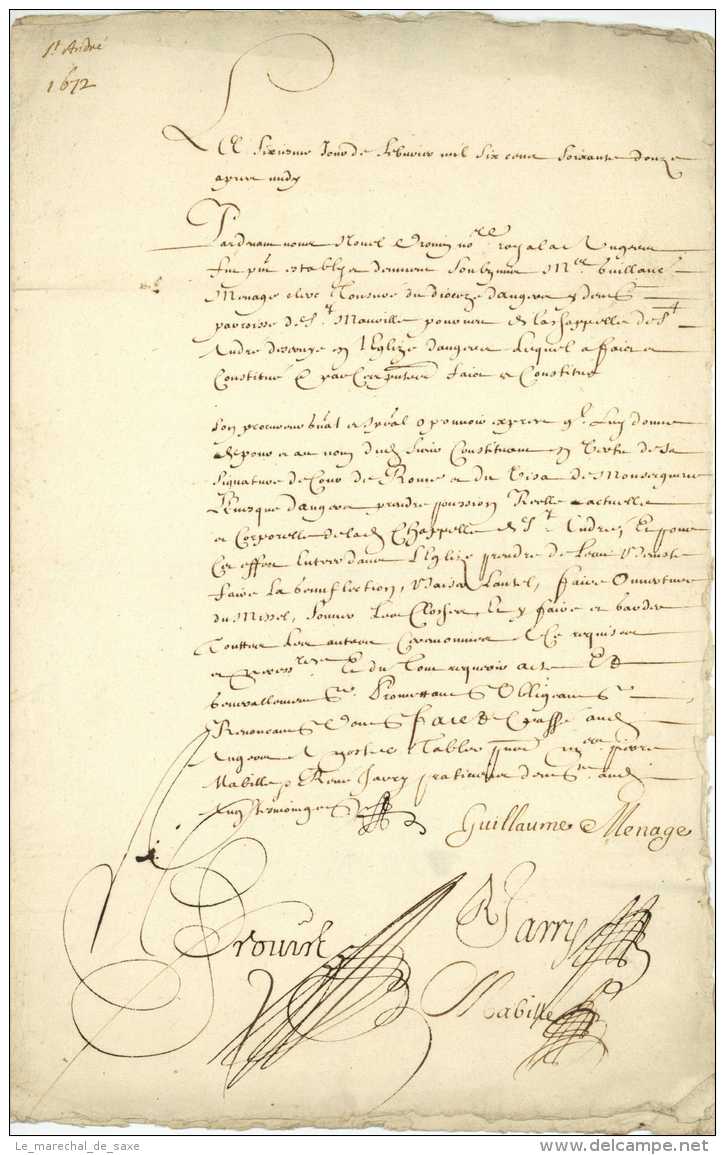 ANGERS 6 Février 1672 - Guillaume MENAGE Drouin Jarry Mabille Joli Document - Documents Historiques