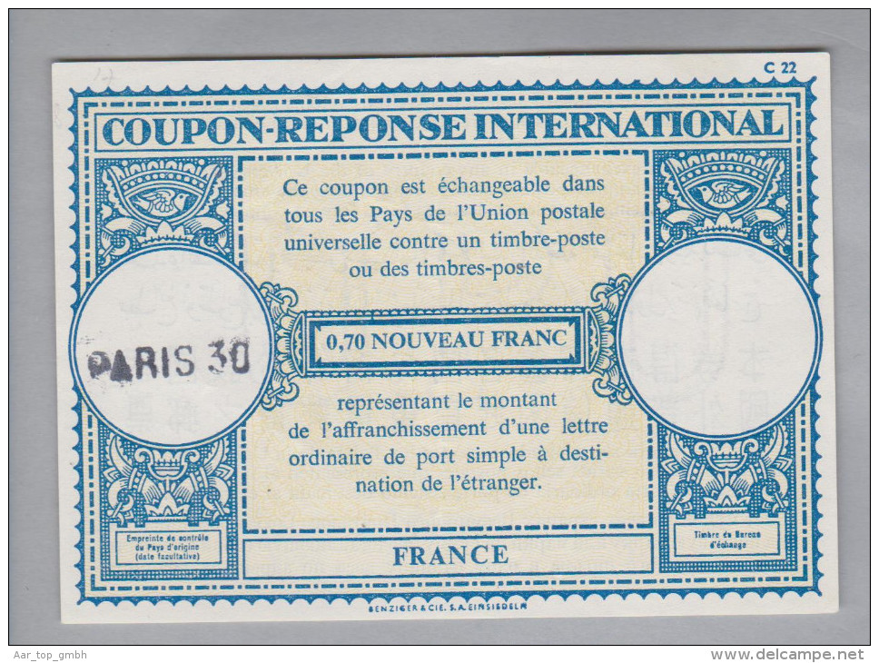 France Ganzsache Coupon Réponse International 0.70 Franc Paris 30 - Coupons-réponse