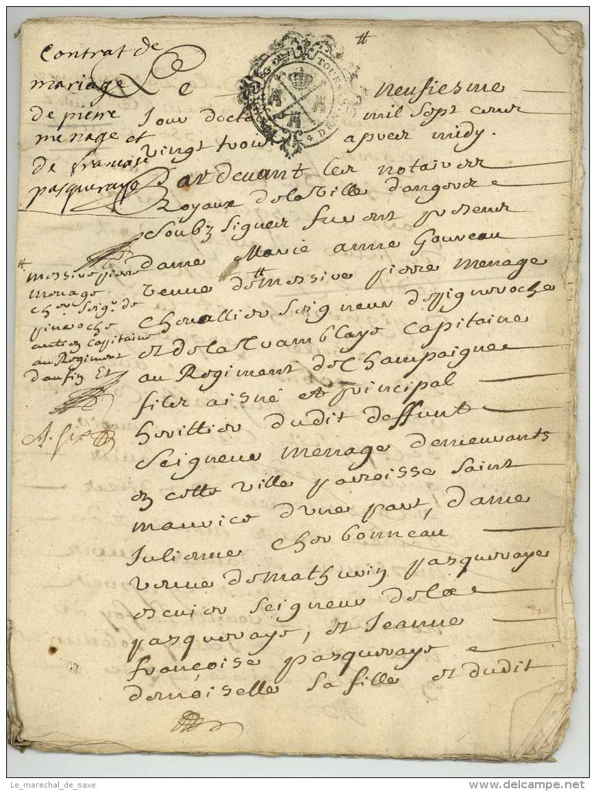 ANGERS 1723 Contrat De Mariage Chevalier Pierre MENAGE Et Francoise PASQUERAYE Anjou 27 Pp. - Manuscritos