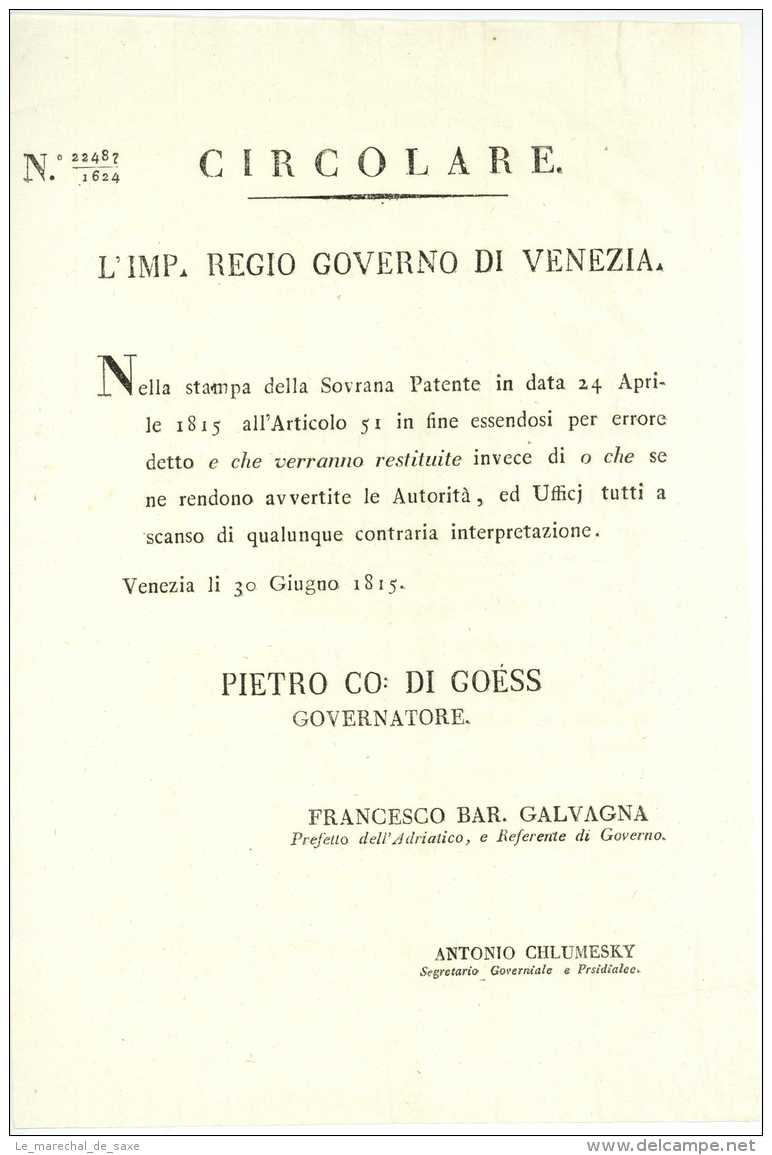 VENEZIA Venise 1815 AFFICHE Gouvernement Autrichien ÖSTERREICH Venedig - Documents Historiques