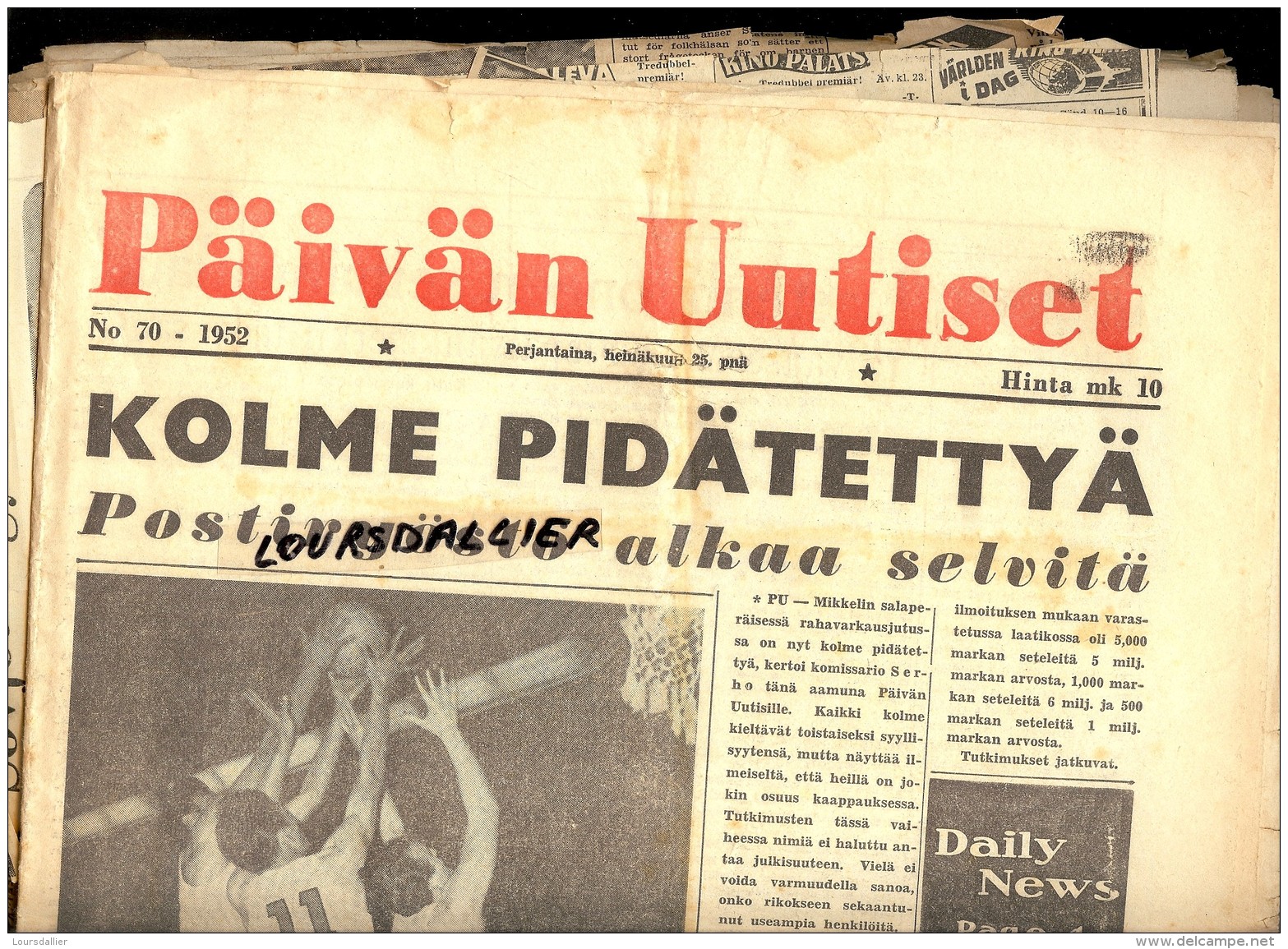 2 Journaux 1952 JO HELSINKI 1952 PAIVAN UUTISET N°70 Et HELSINGIN SANOMAT N°192 + Coupures Et Photos De Journaux - Langues Scandinaves