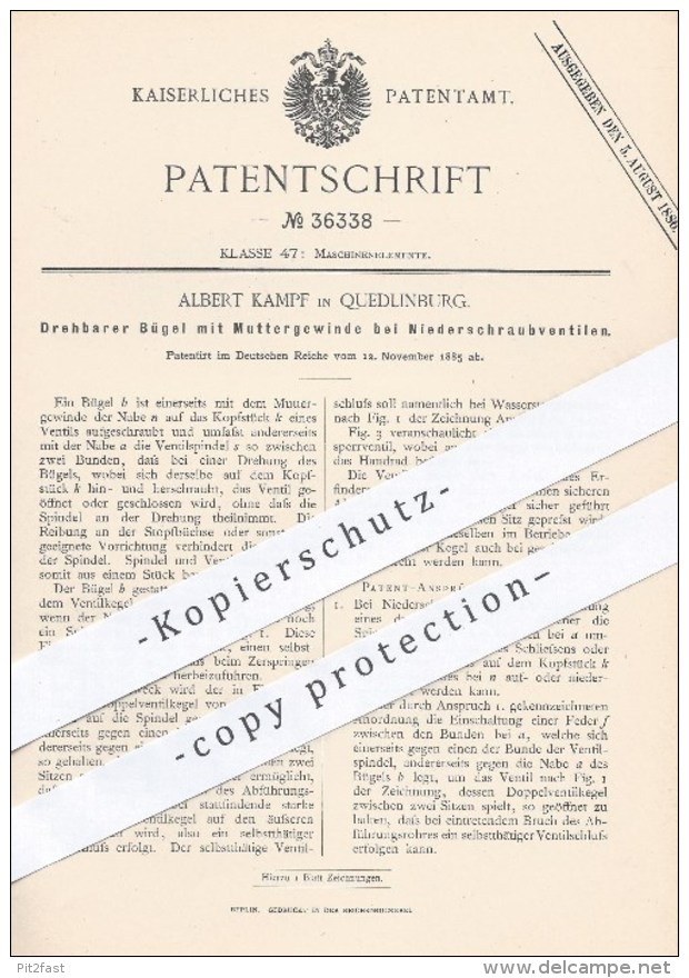 Original Patent - Albert Kampf In Quedlinburg , 1885 , Bügel Mit Muttergewinde Bei Niederschraubventilen | Ventile !! - Historische Dokumente