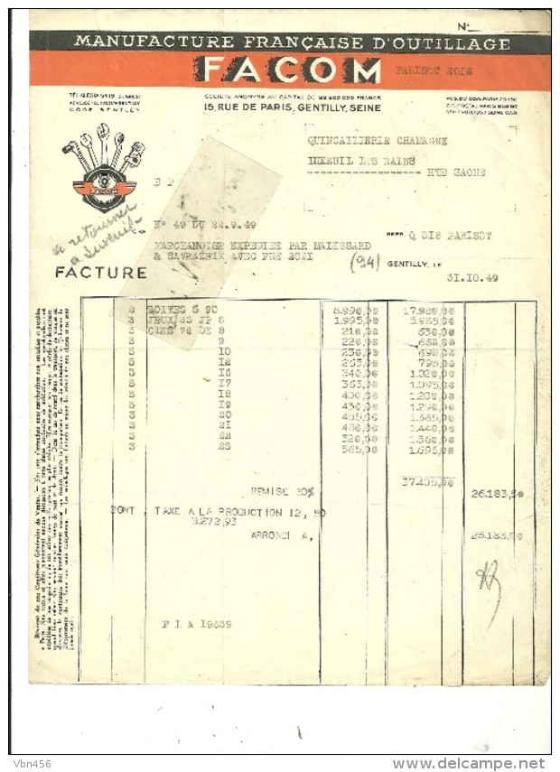 94 - Val-de-marne - GENTILLY - Facture FACOM - Manufacture D'outillage – 1949 - REF 43C - 1900 – 1949