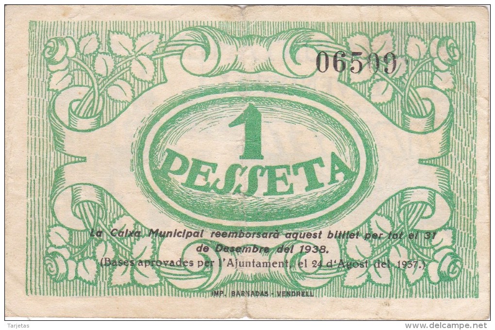 BILLETE DE 1 PTA DEL AJUNTAMENT DE EL VENDRELL DEL AÑO 1937 (BANKNOTE) - Sonstige & Ohne Zuordnung
