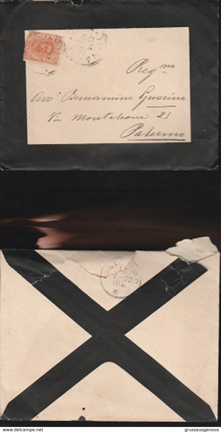 DOC2) 20 CENTESIMI (sassone 61) ARANCIO UMBERTO I SU LETTERA LISTATA A LUTTO VIAGGIATA 1900 VERSO PALERMO - Storia Postale