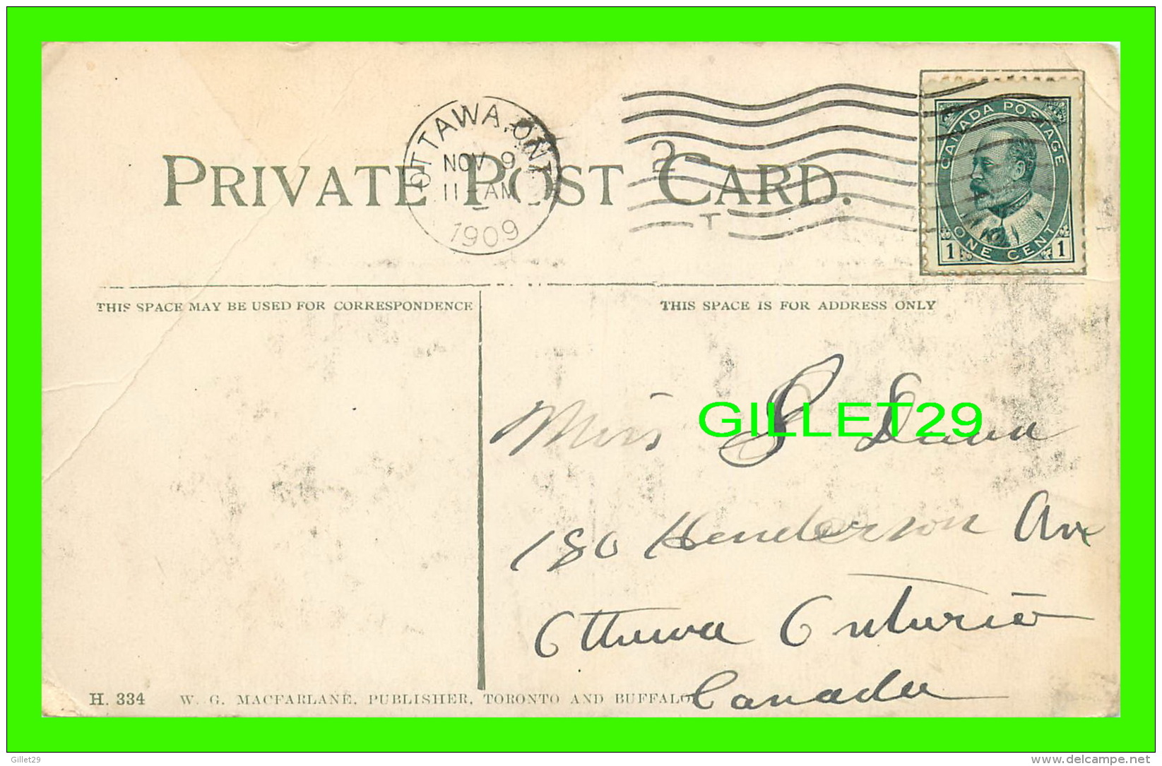 OTTAWA, ONTARIO - GOVERNMENT HOUSE - TRAVEL IN 1909 - 3/4 BACK -  W,.G. MACFARLANE PUB. - - Ottawa