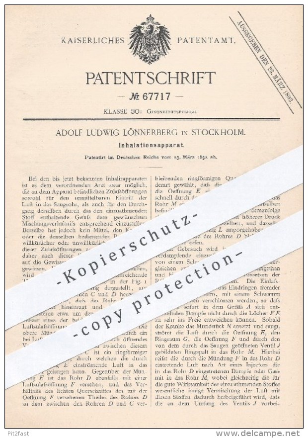 Original Patent - A. L. Lönnerberg , Stockholm , Schweden , 1892 , Apparat Zur Inhalation , Inhalieren | Medizin , Arzt - Historische Dokumente