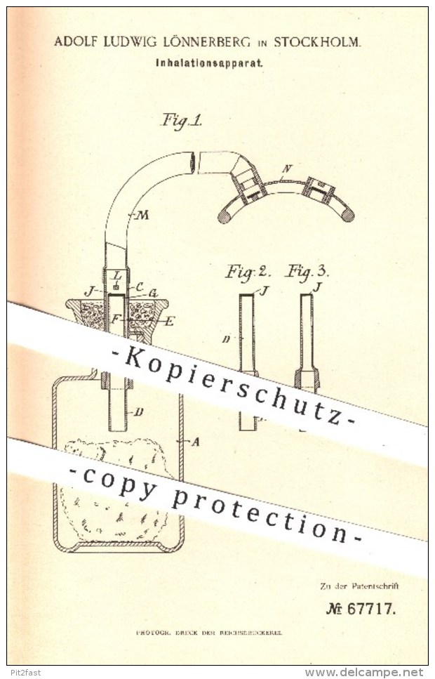 Original Patent - A. L. Lönnerberg , Stockholm , Schweden , 1892 , Apparat Zur Inhalation , Inhalieren | Medizin , Arzt - Historische Dokumente